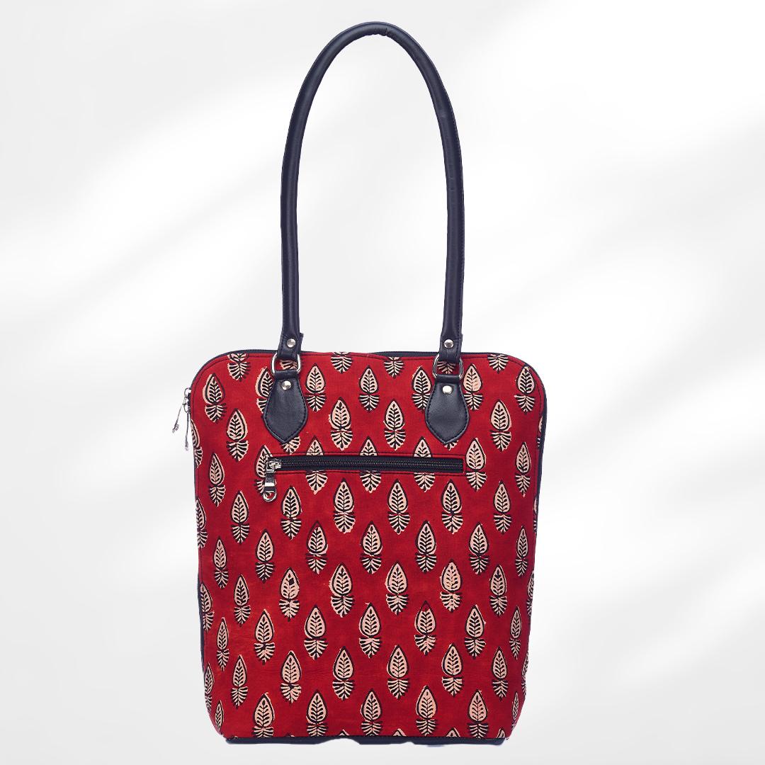 #colour_Red Leaf Print Round Corner Tote