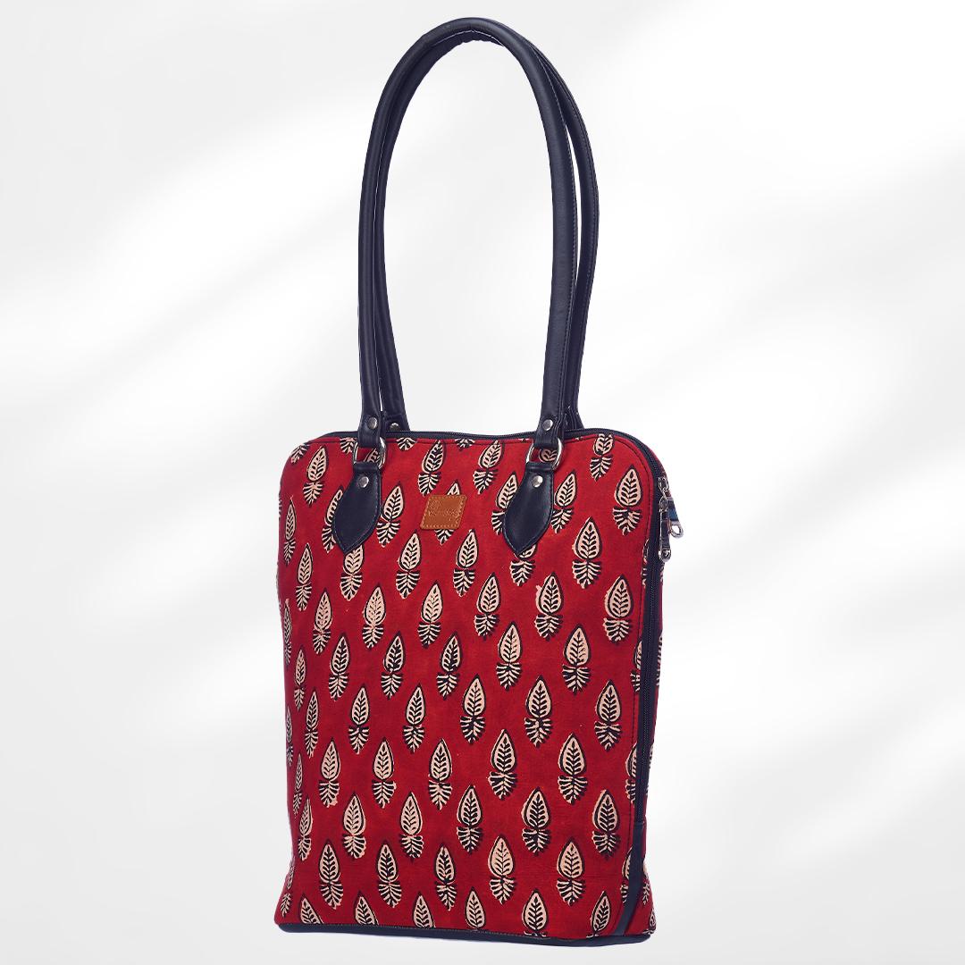 #colour_Red Leaf Print Round Corner Tote