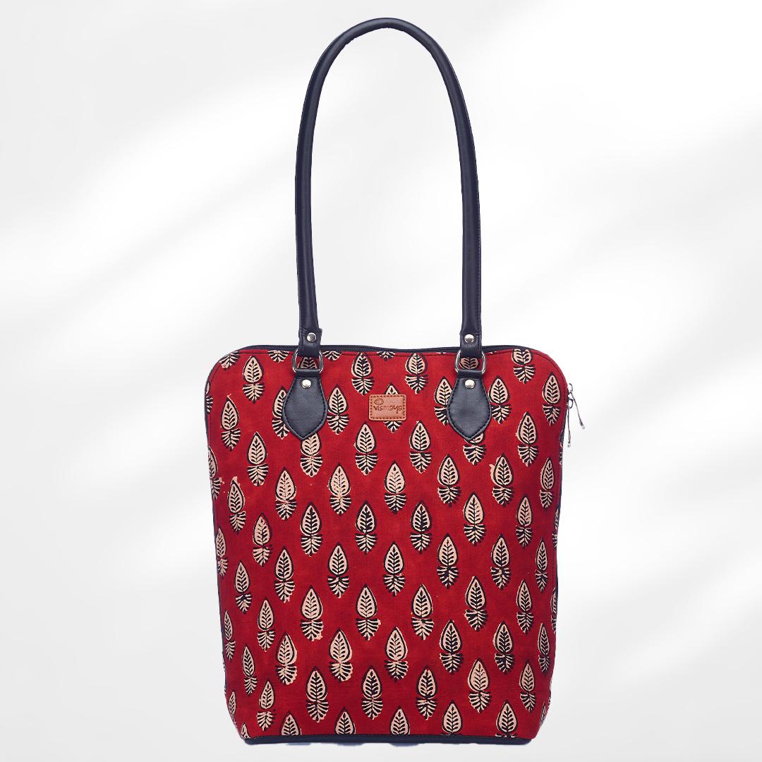 #colour_Red Leaf Print Round Corner Tote