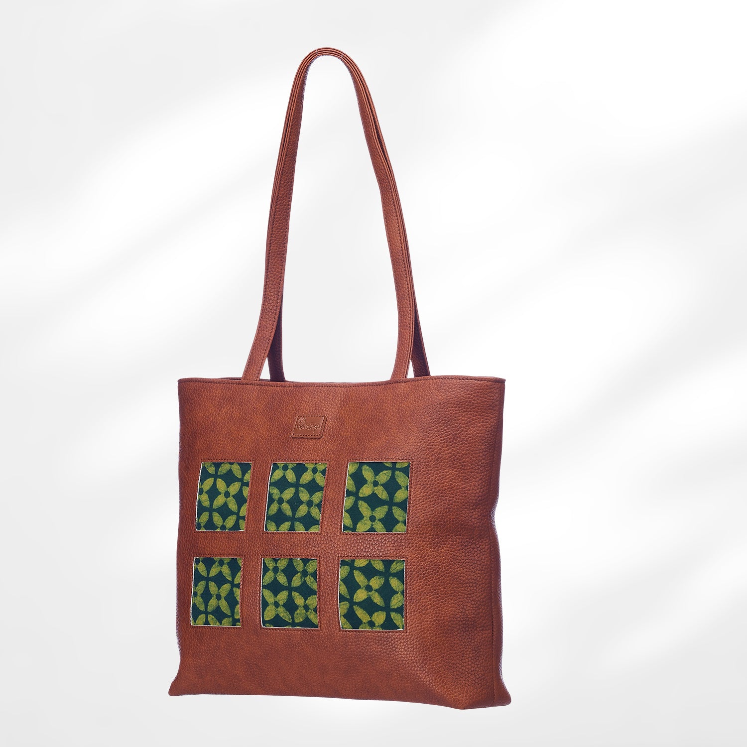 #colour_Green Geometric Blockprint Cutwork Tote