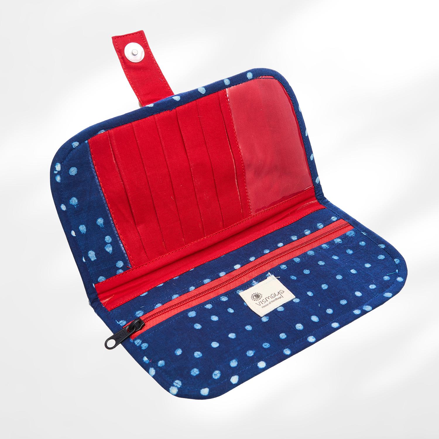 #colour_Indigo Dot Print Fabric Flat Wallet