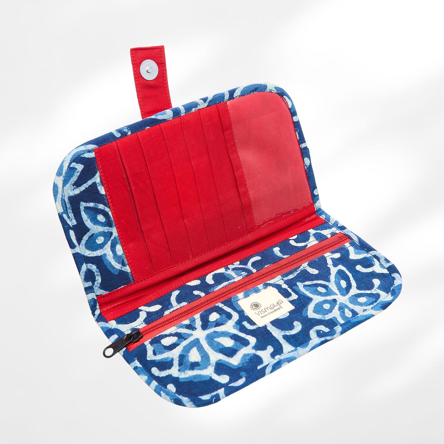 #colour_Indigo Floral Print Fabric Flat Wallet