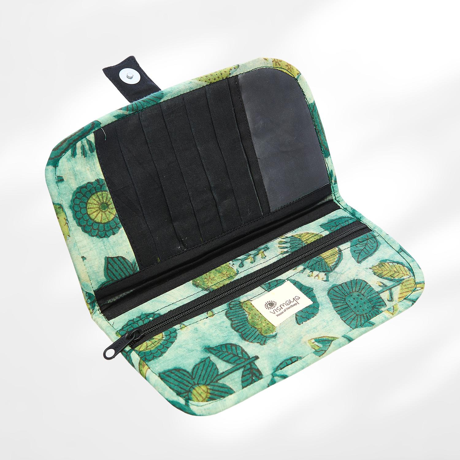 #colour_Aqua Floral Print Fabric Flat Wallet