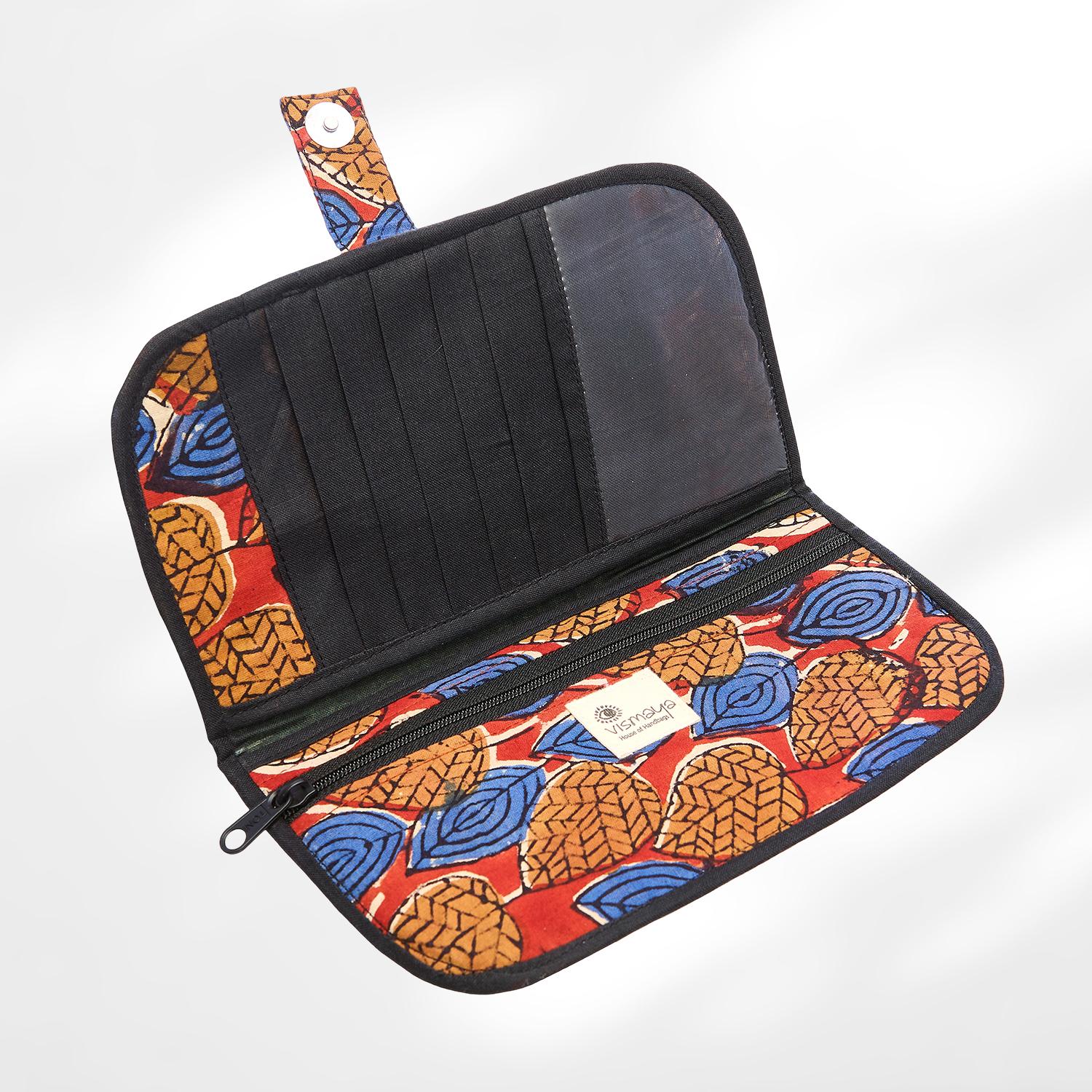 #colour_Rust Leaf Print Fabric Flat Wallet