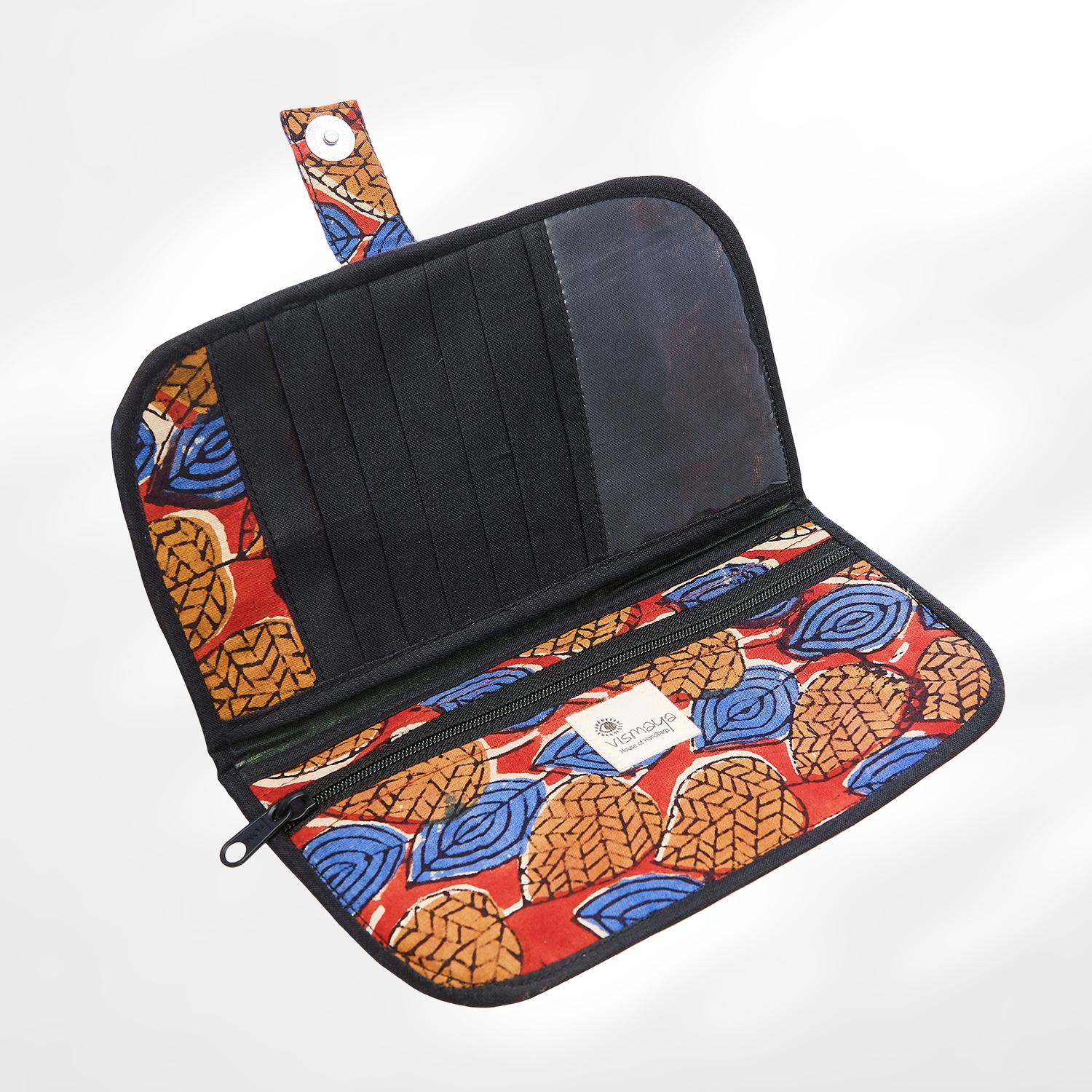 #colour_Rust Leaf Print Fabric Flat Wallet