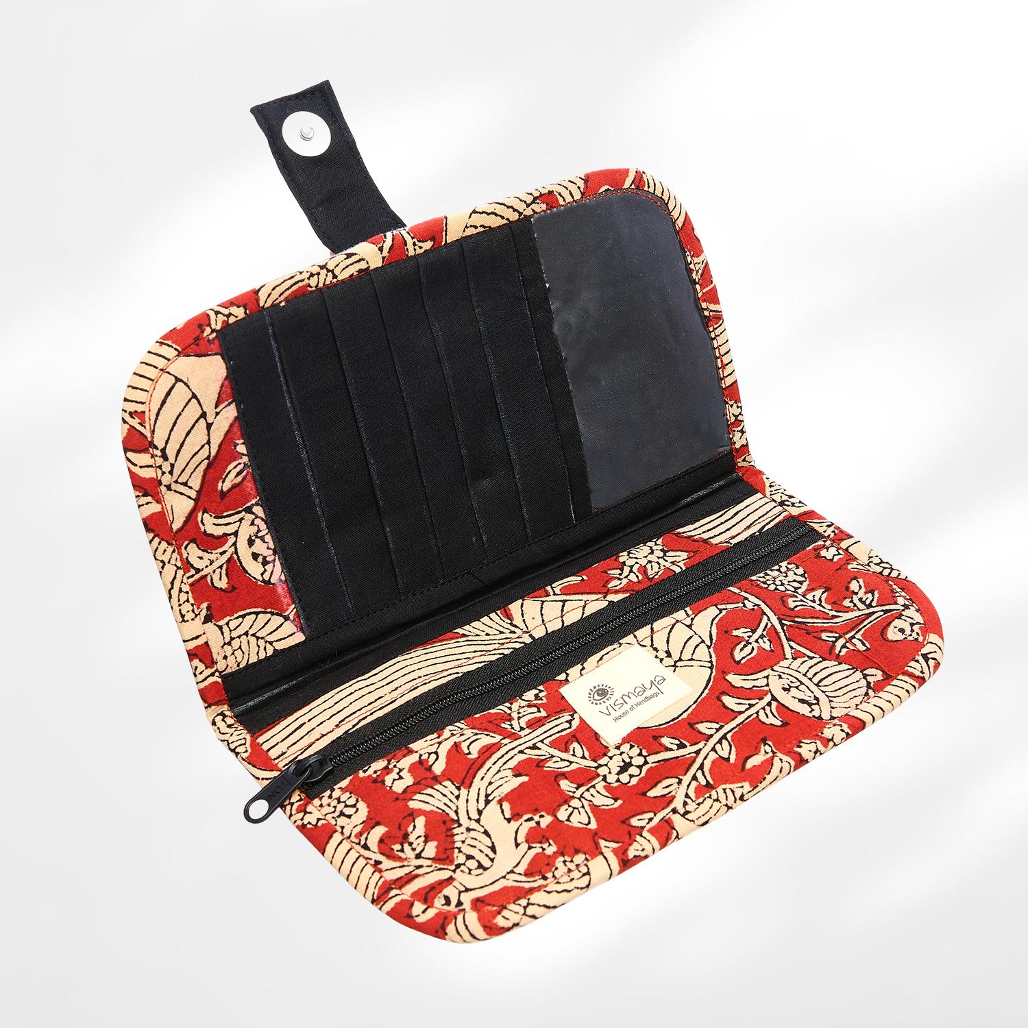 #colour_Red Bird Print Fabric Flat Wallet