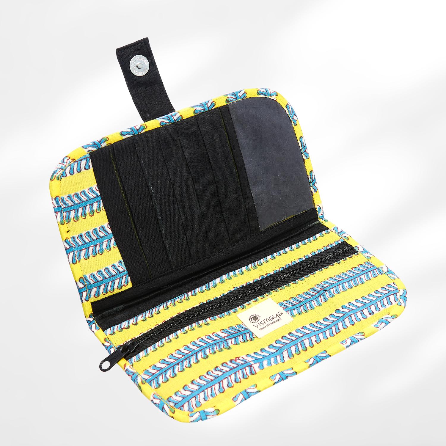 #colour_Yellow Floral Lines Print Fabric Flat Wallet