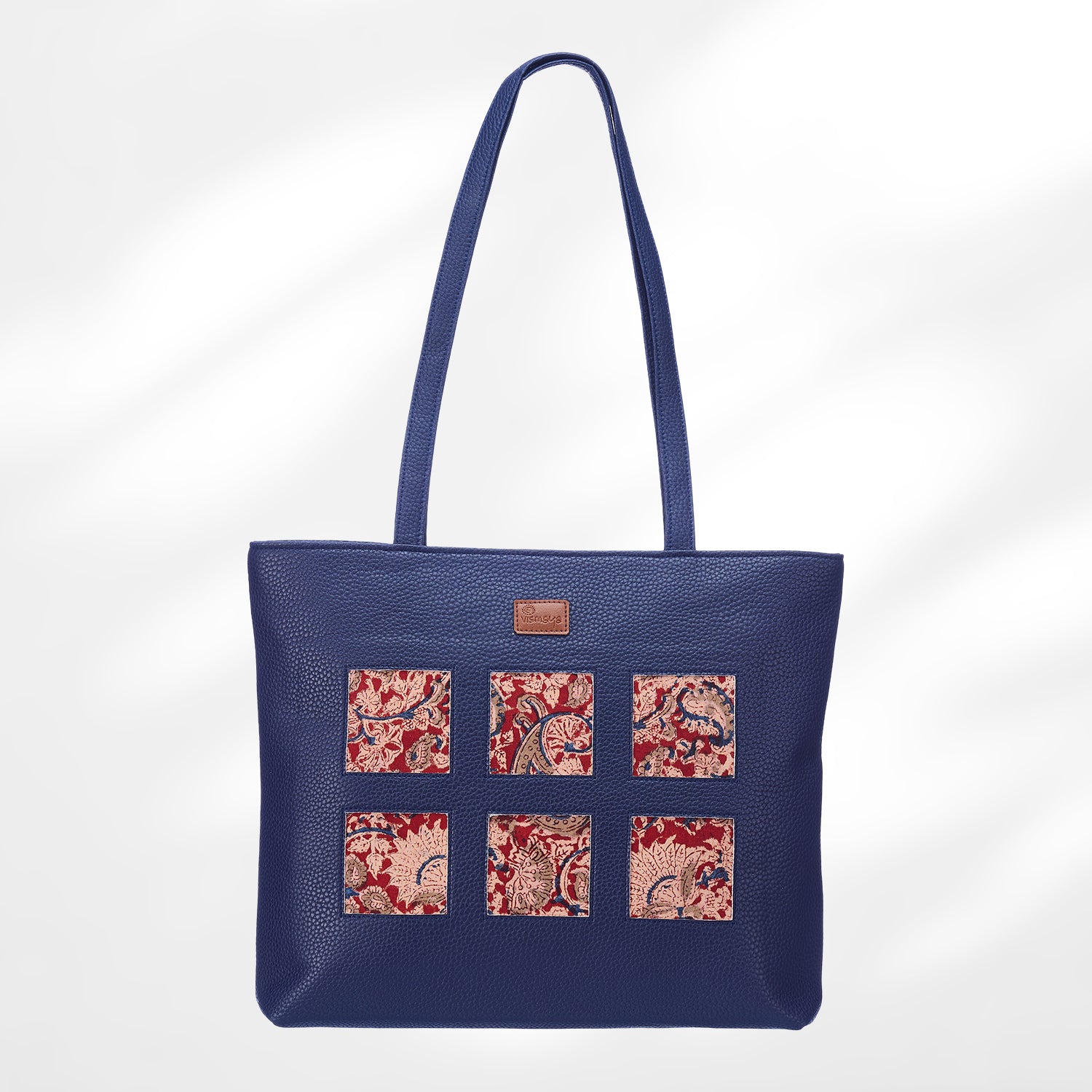 #colour_Red Floral Blockprint Cutwork Tote