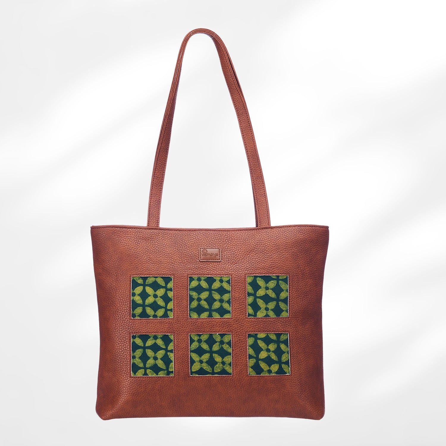 #colour_Green Geometric Blockprint Cutwork Tote