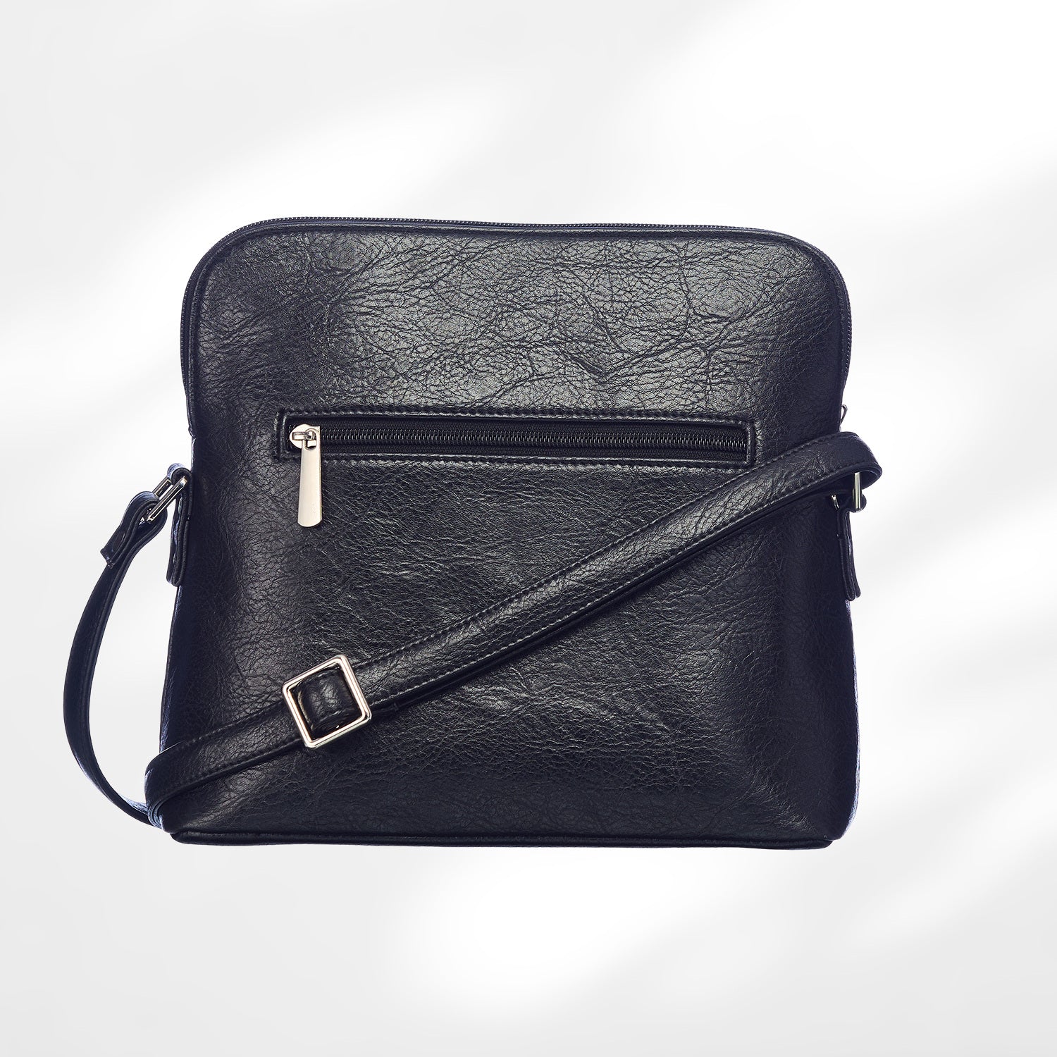 Black leather crossbody bag on a white background