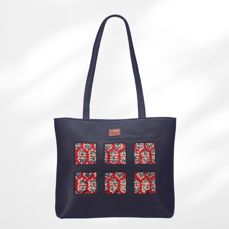 #colour_Red Blockprint Cutwork Tote Bag