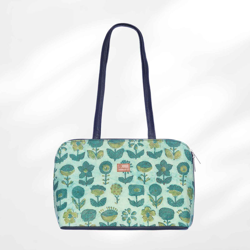 #colour_Aqua Floral Round Corner Shoulder Bag
