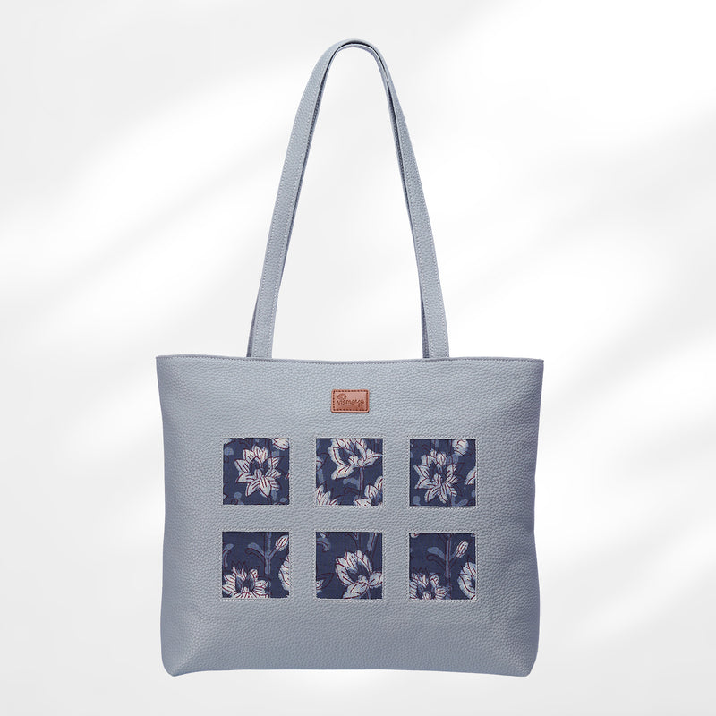 #colour_Grey Floral Blockprint Cutwork Tote