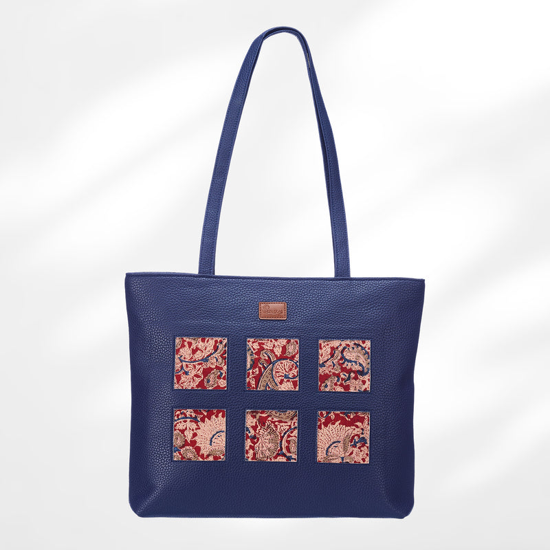 #colour_Red Floral Blockprint Cutwork Tote