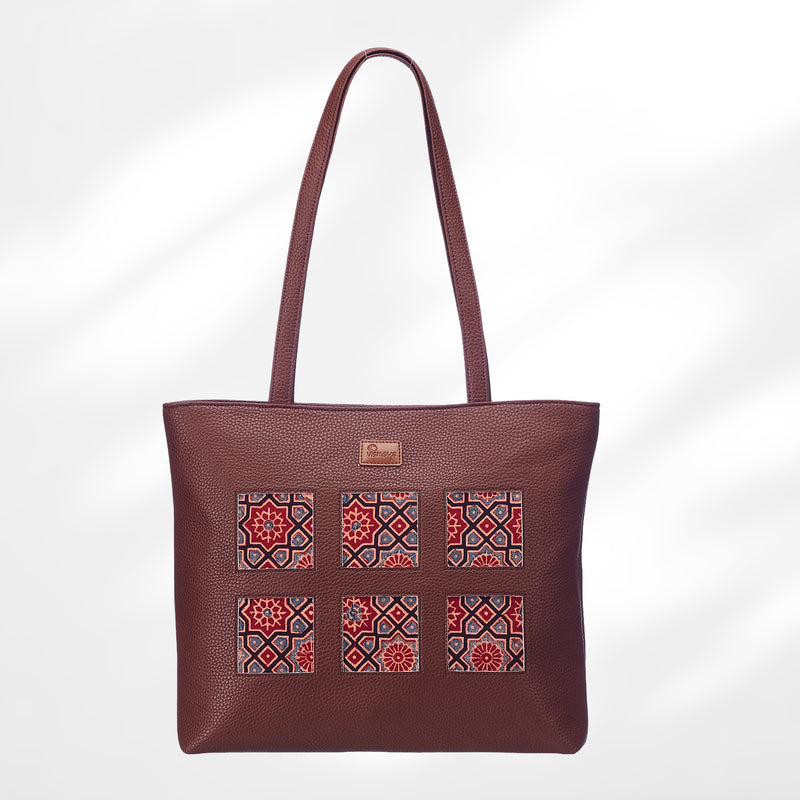 #colour_Red Motif Blockprint Cutwork Tote